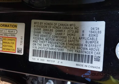 2024 Honda Civic Sport from USA, damaged, VIN 2HGFE2F54RH579580